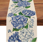 Caminho de Mesa de Linho com Estampa Floral de Hortênsia e Borboletas