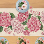 Caminho de Mesa de Linho com Estampa Floral de Hortênsia e Borboletas