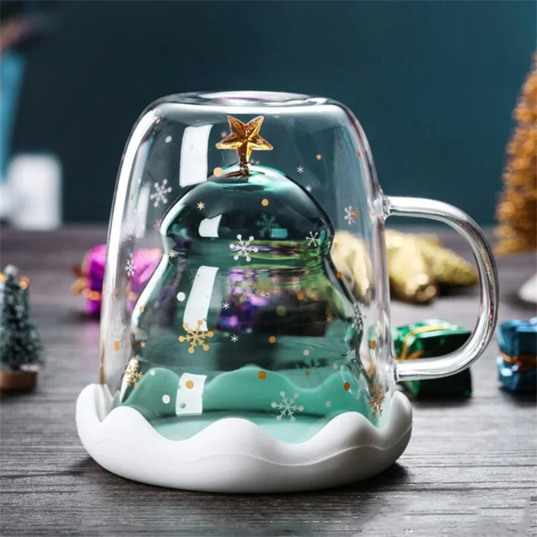 Caneca de Vidro Duplo Criativa de Árvore de Natal 300ml