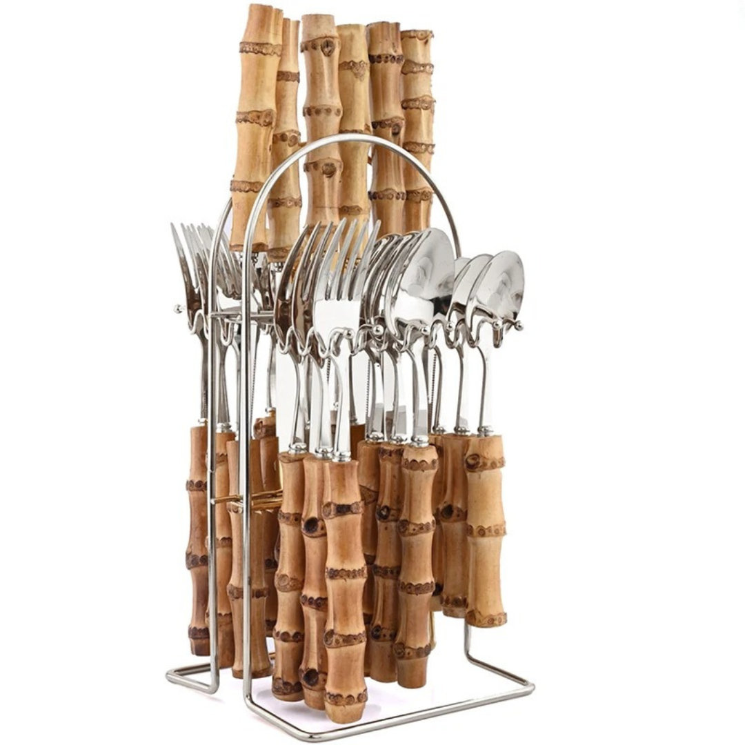 Conjunto de Talheres de 24 Peças com Cabo de Bambu em Aço Inoxidável