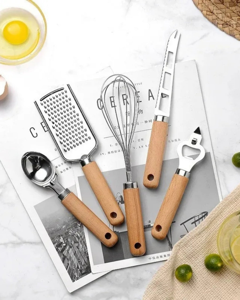 Conjunto de Utensílios de Cozinha com Cabo de Madeira 9 Peças Funcional e Estiloso