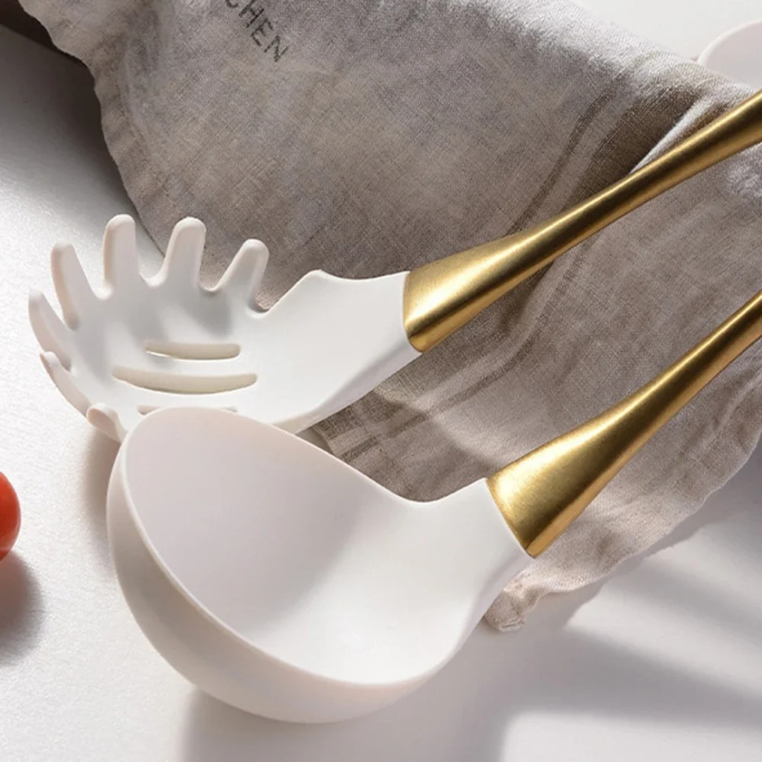Conjunto de Utensílios de Cozinha de Silicone Ouro Branco 8 Peças