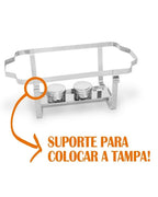 Rechaud Retangular de Aço Inox 9L com 2 Cubas Banho Maria Profissional