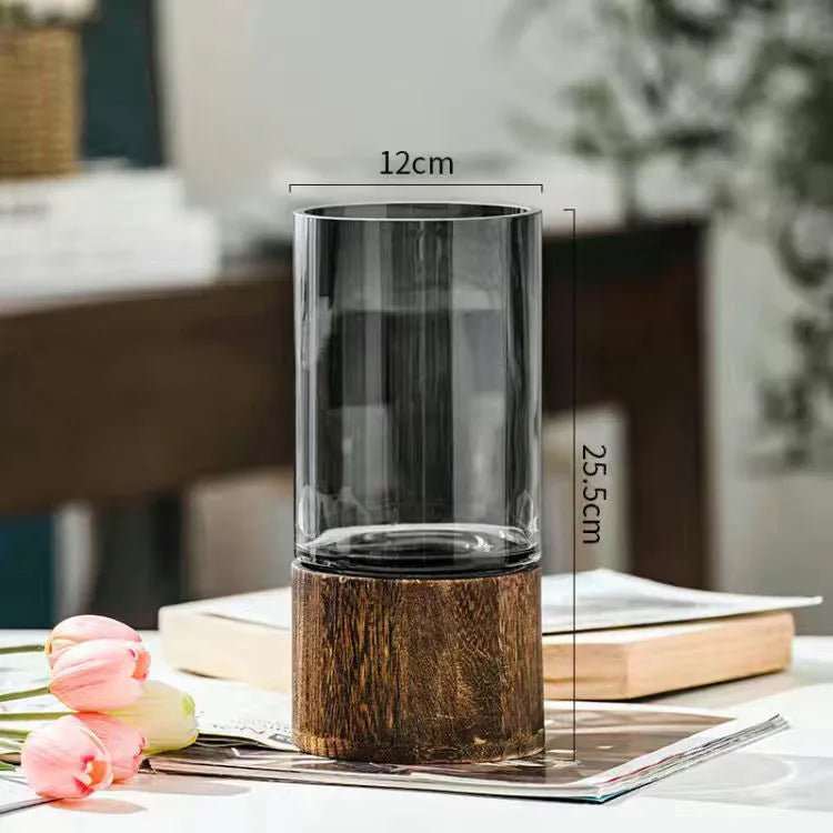 Vaso decorativo hidroponico de vidro e madeira - Wood Design