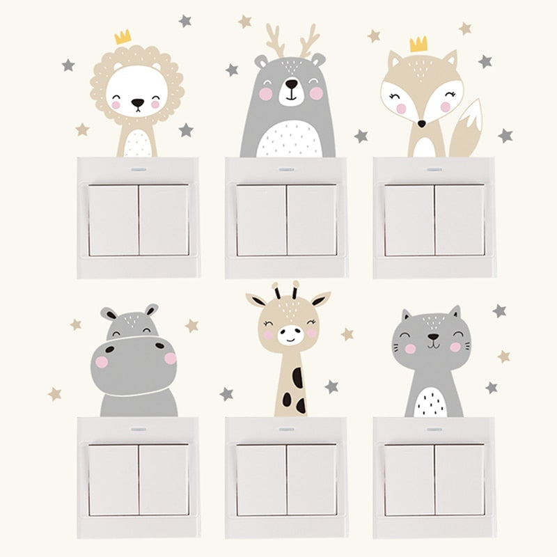 Adesivos decorativos infantis para interruptor e tomadas - Animais Fofinhos - Kit com 6
