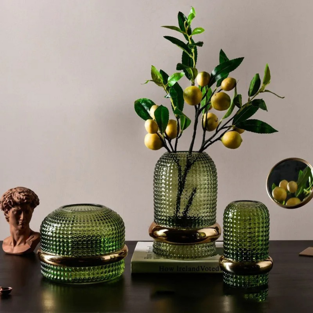 Vaso de Vidro Verde Escuro com Borda Dourada