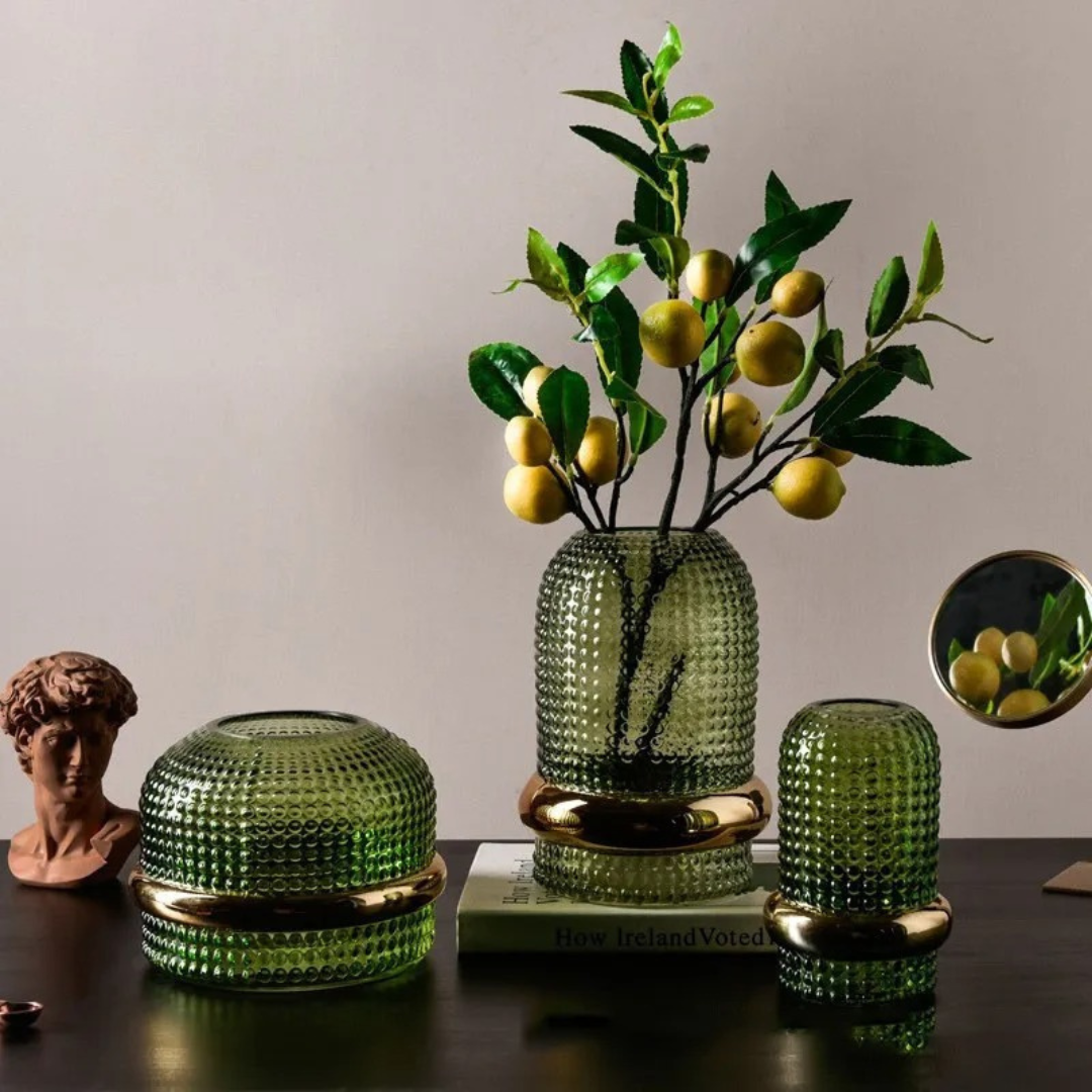 Vaso de Vidro Verde Escuro com Borda Dourada