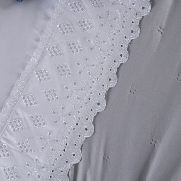 Kit Cama Posta Serena Percal 300 Fios Bordado Inglês Branco/Cinza/Marfim