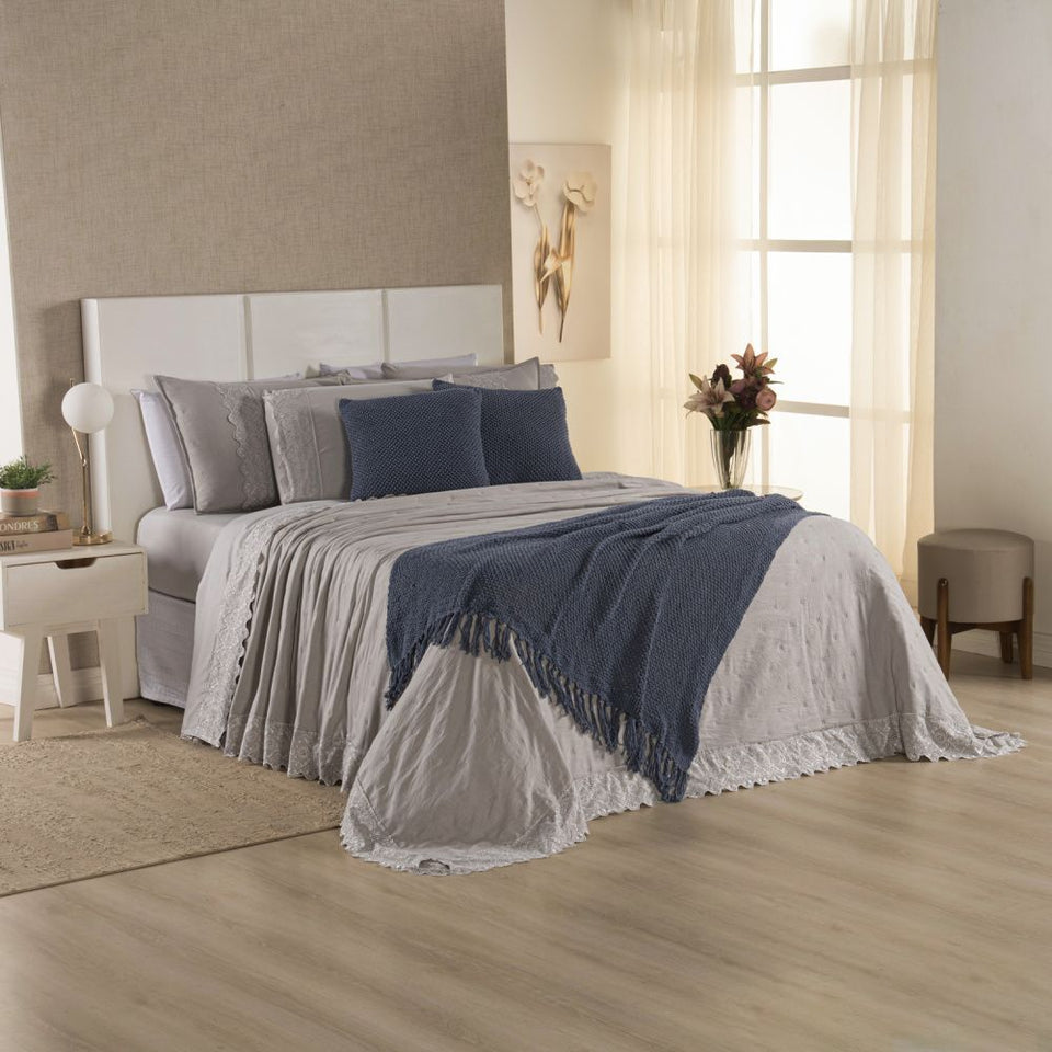 Kit Cama Posta Serena Percal 300 Fios Bordado Inglês Fendi/Azul